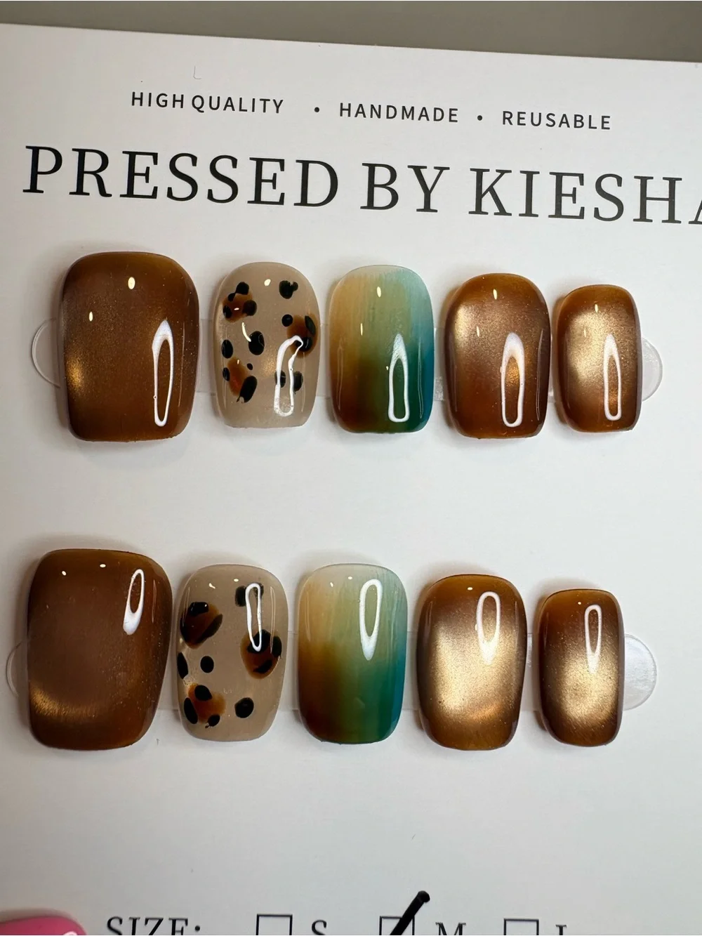 Press-On Nail Set with Brown Metallic, Leopard and Teal Ombre